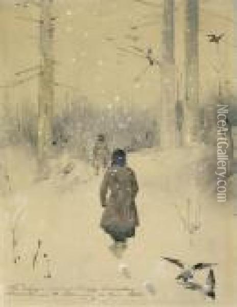 Hunters Trekking Through A Winter Landscape Oil Painting - Isaak Ilyich Levitan