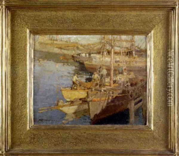 At The Guinea Wharf, Gloucester, Massachusetts Oil Painting - Frederick J. Mulhaupt