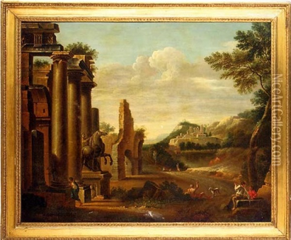 A Capriccio Of Classical Ruins With Figures On A Road, A Landscape With A Town Beyond Oil Painting - Viviano Codazzi