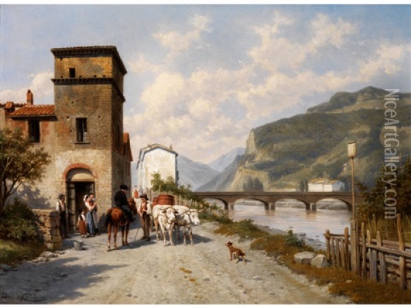 Blick Auf Die Brucke Uber Dem Roja In Ventimiglia, Italien Oil Painting - Jacques Francois Carabain