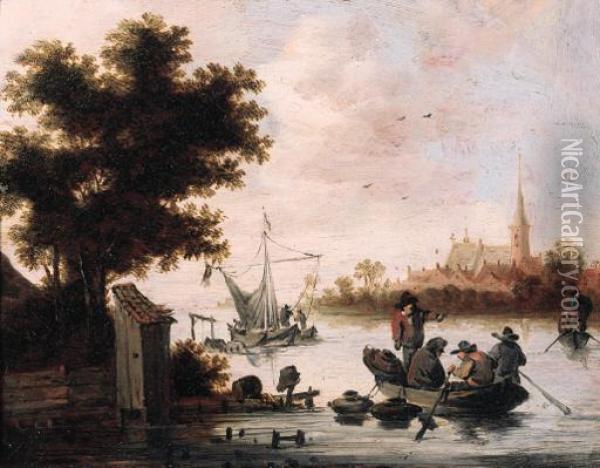 Fishermen Laying Lobster Pots 
From A Rowing Boat On A River,shipping And A Village Beyond, At Sunset Oil Painting - Salomon van Ruysdael