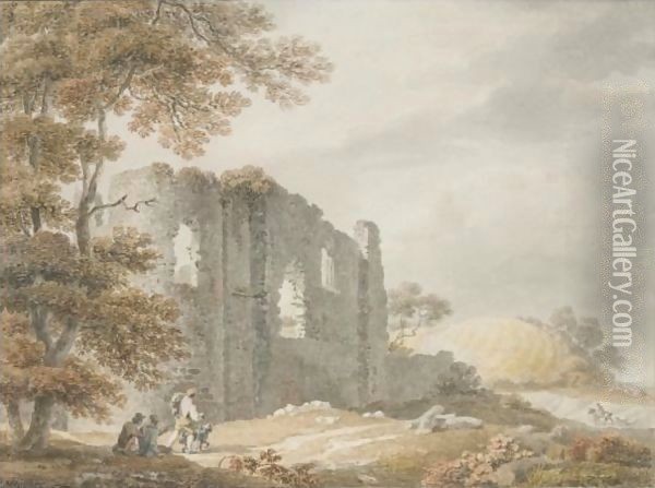 Travellers By A Ruined Castle Oil Painting - Michael Angelo Rooker
