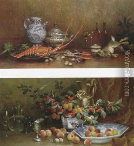 Still Life Of A Lobster On A Plate With A Hare, Artichokes And Other Objects Oil Painting - Jules Giraud