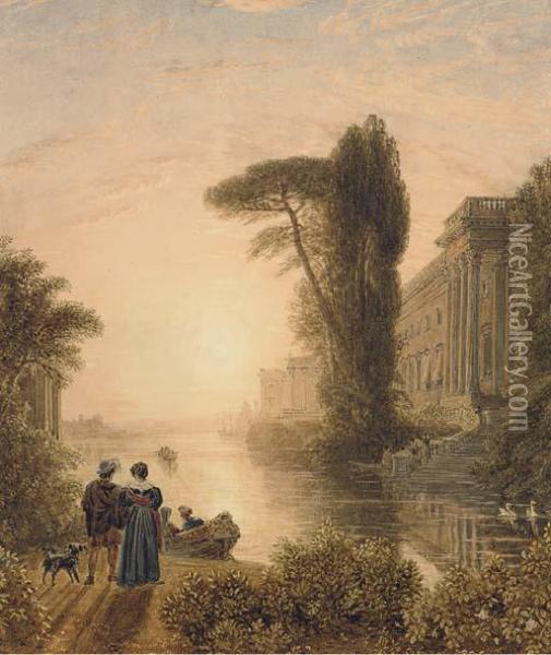 Classical Figures In An Arcadian Landscape Oil Painting - George Jnr Barrett
