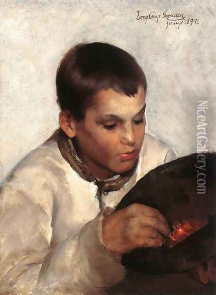 Boy with Cherries 1894 Oil Painting - Tivadar Zemplenyi