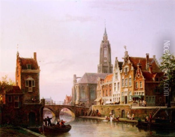 A Canal Scene, Utrecht Oil Painting - Cornelis Christiaan Dommelshuizen