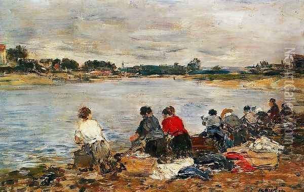 Laundresses on the Banks of the Touques II Oil Painting - Eugene Boudin