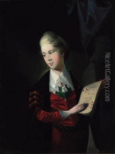 Portrait Of A Gentleman, Small Three-quarter-length, In Academicrobes, Holding A Document, Standing By A Draped Plinth; Andportrait Of A Lady, Small Three-quarter-length, Mourning The Deathof Tancred Oil Painting - Edward Alcock