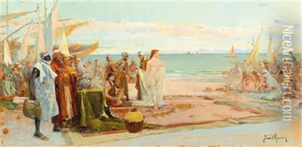 Market Scene On The North African Coast Oil Painting - David Eugene Girin