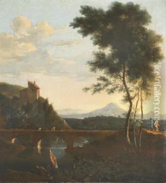A Mountainous River Landscape With A Herdsman On A Bridge Oil Painting - Frederick De Moucheron