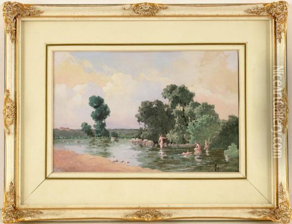 Uferlandschaft Mit Badenden Jungen Frauen Oil Painting - Edouard Louis Lucien Cabane