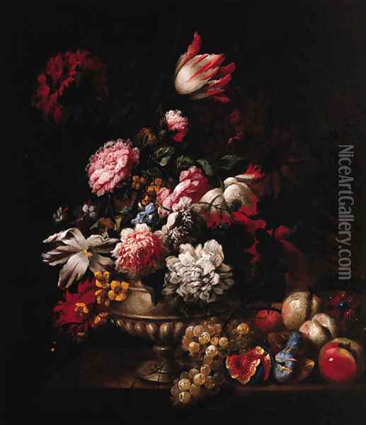 Tulips, Roses, Poppies and other Flowers in a Vase with Fruit on a Ledge Oil Painting - Jean-Baptiste Monnoyer
