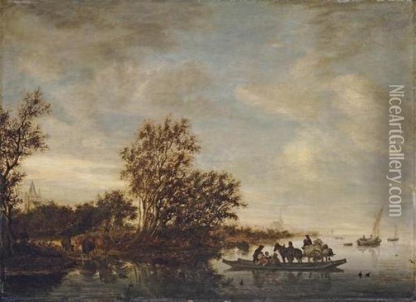 A River Landscape By Herwen And 
Aerdt In Gelderland, With A Ferry Taking A Horse And Cart Across The 
River And Cattle And A Drover By The Bank Oil Painting - Salomon van Ruysdael
