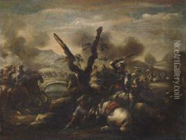 A Battle Scene With A Siege On A Bridge In The Background Oil Painting - Francesco Conti