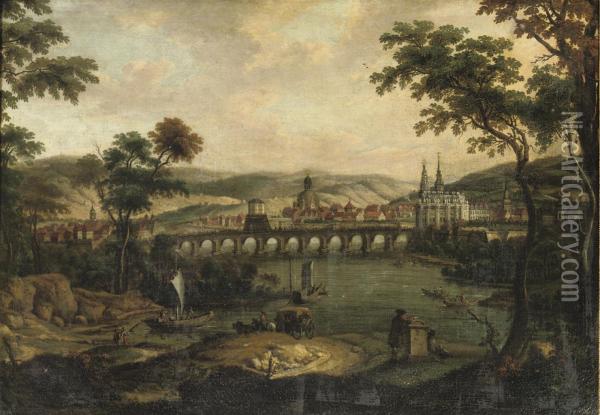 A View Of Dresden From The Left Bank Of The River Elbe With The'augustusbrucke', The 'frauenkirche' And The 'hofkirche' Oil Painting - Gae Monogrammist