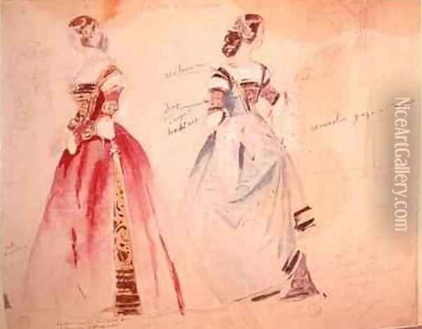 Two female costume designs at the time of the creation of Les Caprices de Marianne Oil Painting - Eugene Pierre Francois Giraud