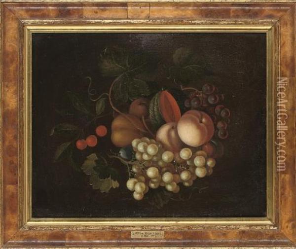 Grapes On The Vine, Plums, Peaches, A Melon And Cherries Oil Painting - William Jones Of Bath