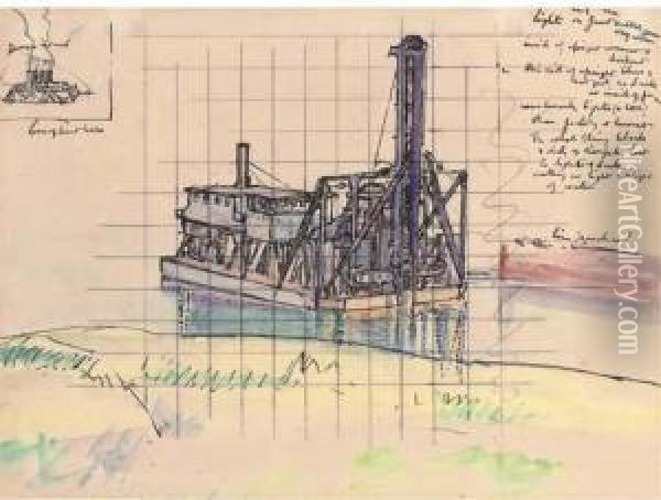 Study For Halifax Harbour, Dredger With Derrick Oil Painting - Harold Gilman