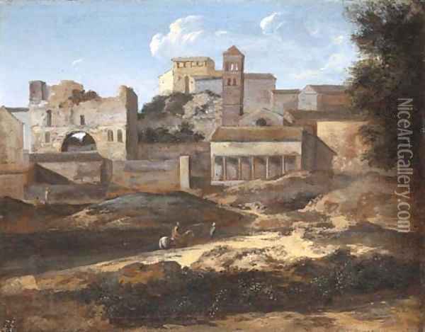 A capriccio view of classical buildings Oil Painting - Gaspard Dughet