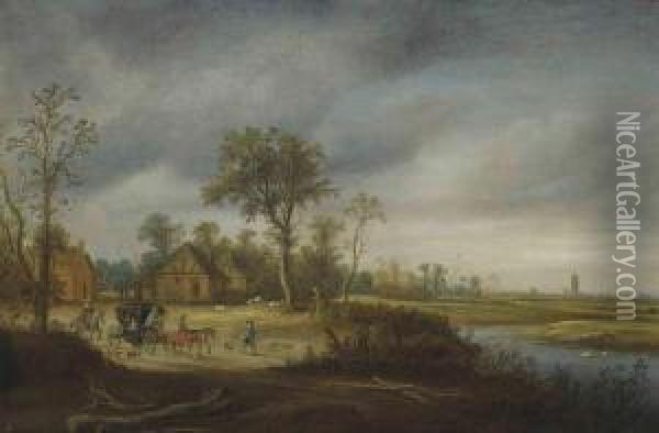A River Landscape With Travellers On A Track, A Town Beyond Oil Painting - Salomon van Ruysdael