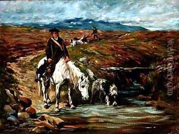 Horse and Spaniel Drinking from a Stream Oil Painting - John Emms
