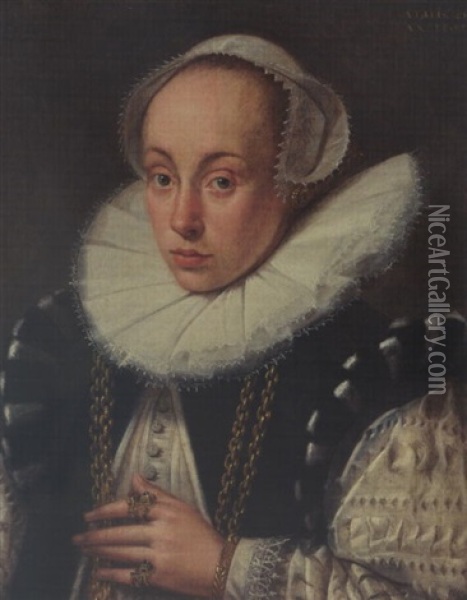A Portrait Of A Lady, Aged 28, Wearing A Black And White Dress With A Lace Collar, A White Headdress, Gold Necklace And Jewelry Oil Painting - Gortzius Geldorp