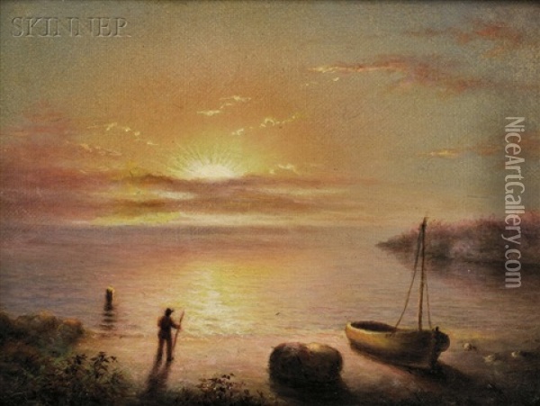 Quiet Shoreline With Figure At Sunset Oil Painting - Mary Blood Mellen