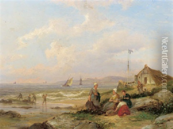 A Coastal Landscape With Fisherwomen In The Dunes Oil Painting - Pieter Cornelis Dommershuijzen