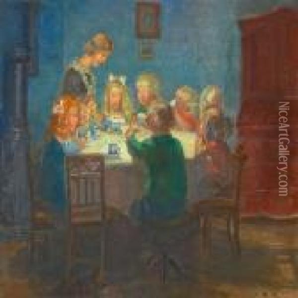 A Blue Interior With Childrens Party At Skagen Oil Painting - Anna Ancher