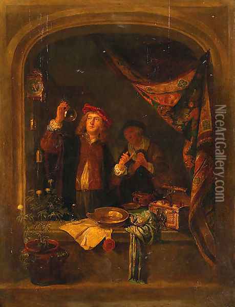 A Quack Standing Small Three Quarter Length At A Draped Stone Window Inspecting The Urine Of A Woman Standing Nearby Oil Painting - Gerrit Dou