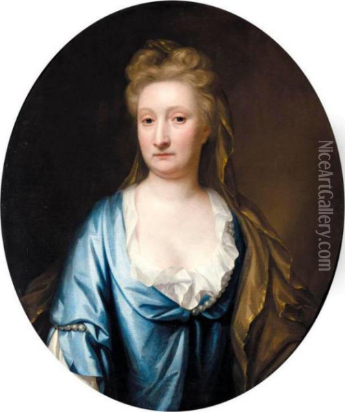 Portrait Of Mrs Mostyn, Half Length, Wearing A Blue Silk Dress And A Gold Veil Oil Painting - Michael Dahl