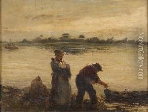Fischerfamilie Am Niederrhein. Oil Painting - Leo Nyssen