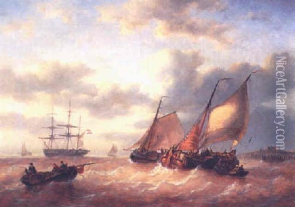 Sailing Vessels On A Choppy Sea Oil Painting - George Willem Opdenhoff