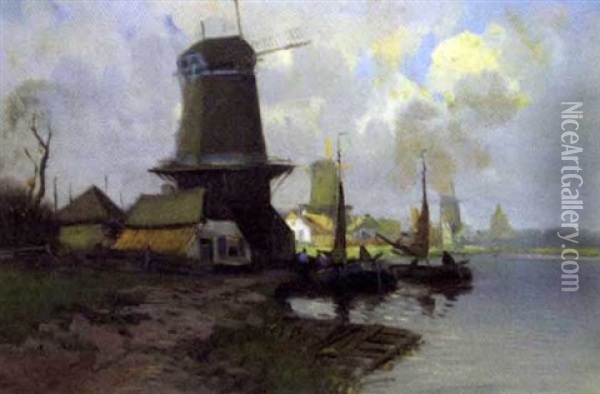 Windmills By A Canal, Holland Oil Painting - Willem George Frederik Jansen