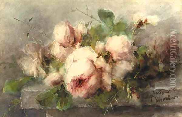 Pink roses on a ledge Oil Painting - Margaretha Roosenboom