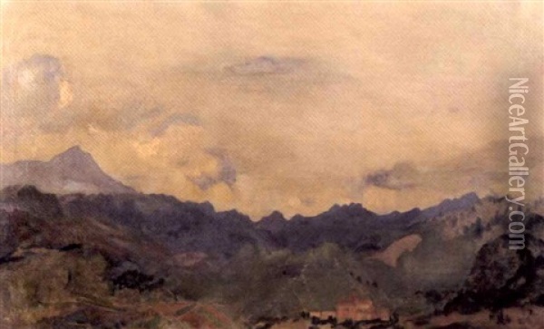 Mountain Landscape With Village Oil Painting - Arthur B. Davies