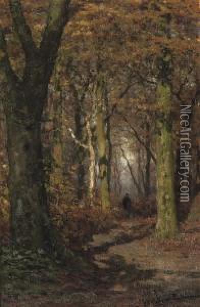 Wandering Through A Forest In Autumn Oil Painting - Julius Jacobus Van De Sande Bakhuyzen