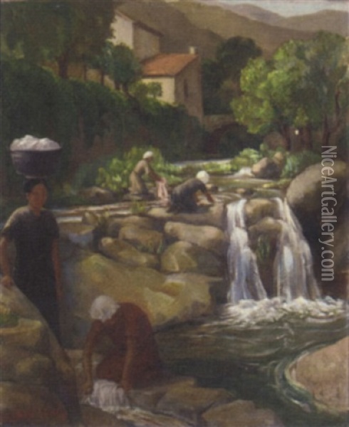 Washerwomen At Work In A Mediterranean Landscape Oil Painting - Mabel Illingworth Varley
