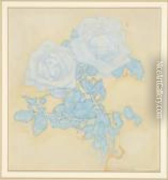 Two Blue Roses On Yellow Ground (1921) Oil Painting - Piet Mondrian