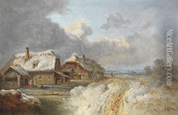 Die Hauser Von Forstenried Im Winter Oil Painting - Heinrich Buerkel
