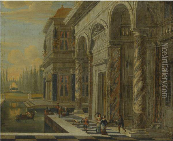 An Architectural View With Elegant Figures Conversing Oil Painting - Jacobus Saeys