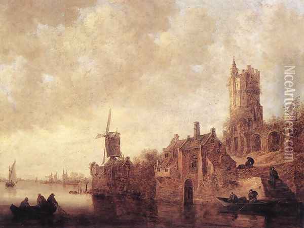 River Landscape with a Windmill and a Ruined Castle 1644 Oil Painting - Jan van Goyen