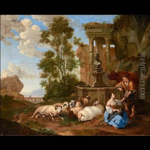 Resting By The Fountain, Figures And Animals In A Panoramic Landscape Oil Painting - Hubert Robert