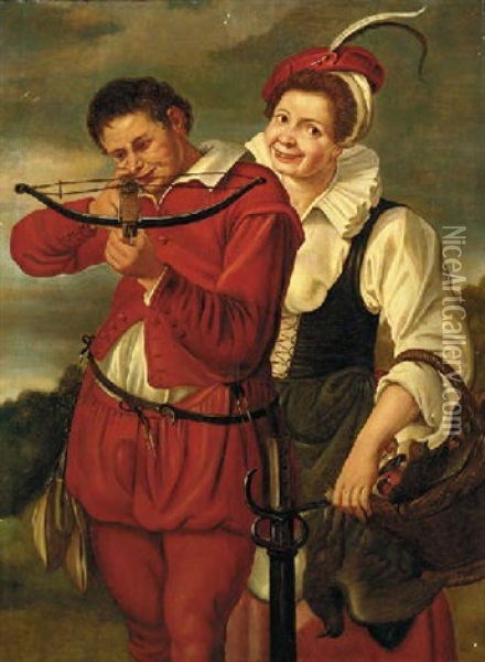A Youth Shooting Wild Birds With A Crossbow, A Companion At His Side Oil Painting - Jacques de Gheyn II