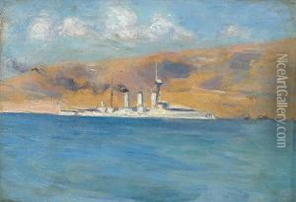 The Battleship Averoff In Salamina Oil Painting - Georgios Roilos