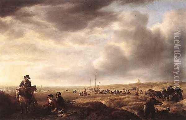 Beach near Scheveningen with Fish-Sellers c. 1643 Oil Painting - Simon De Vlieger