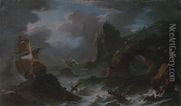 A Coastal Landscape With Shipping In A Storm, Figures Shipwrecked In The Foreground Oil Painting - Pieter Mulier the Younger