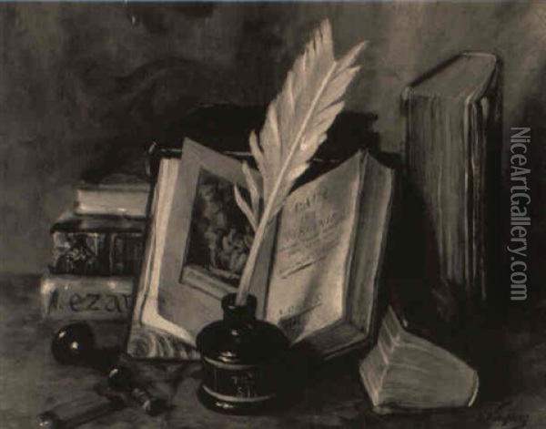 Books On A Gentleman's Desk Oil Painting - Emile Modeste Nicolas Vaquez