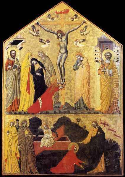 Crucifixion with Saints and Noli Me Tangere (around 1350) Oil Painting - Italian Unknown Masters
