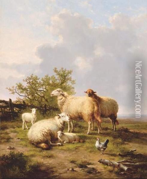 Drie Schapen, Twee Lammeren En Een Kip In Een Landschap
 (1874) Oil Painting - Eugene Joseph Verboeckhoven